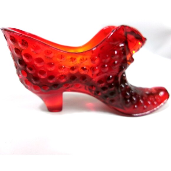 Vintage Fenton Ruby Red Amberina Hobnail Art Glass Cat Head Shoe Slipper - Picture 1 of 5
